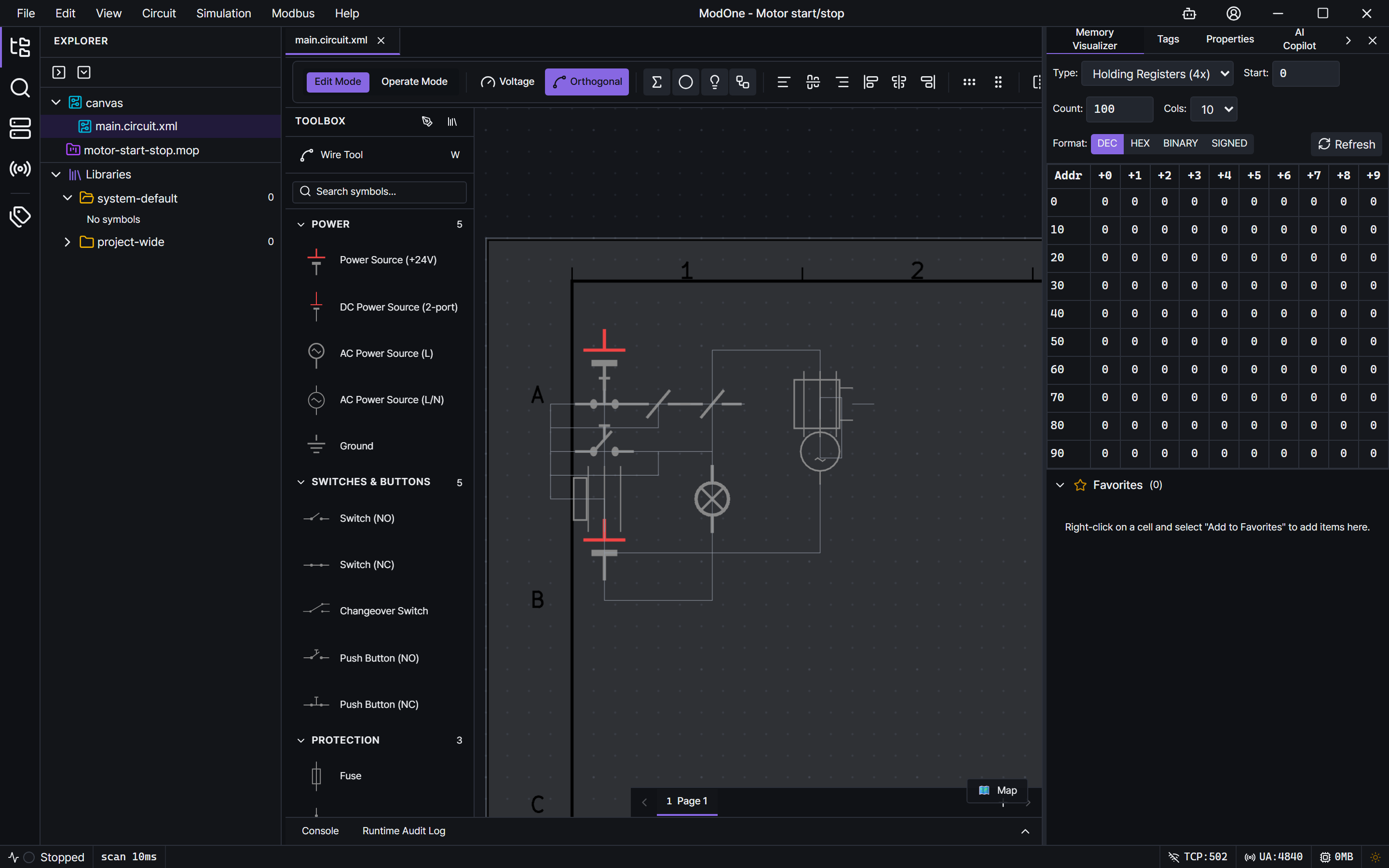 ModOne schematic editor with a motor start/stop control circuit